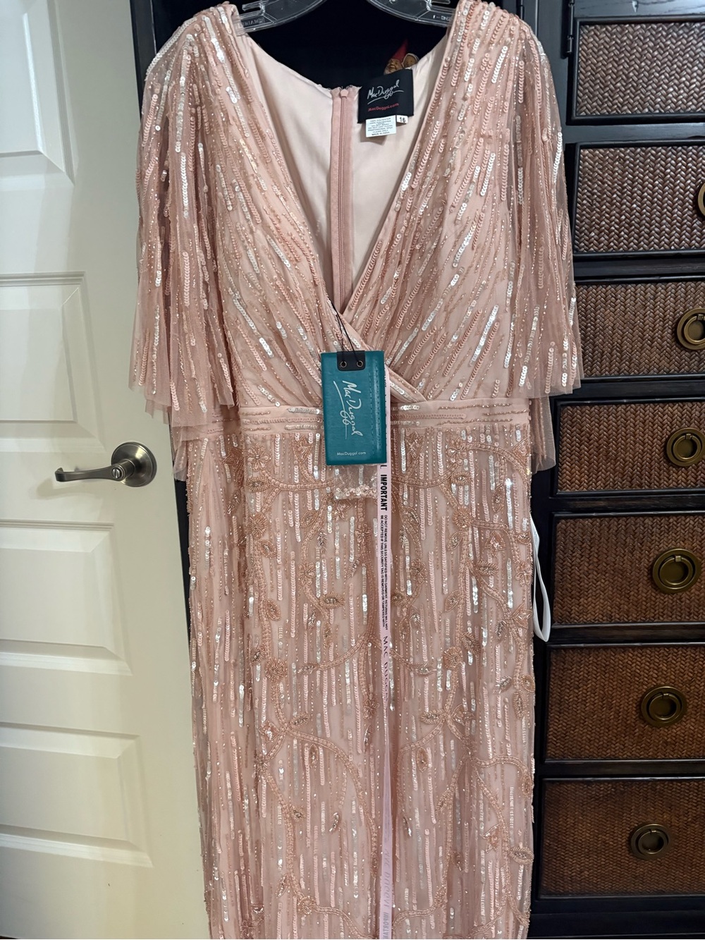 MacDuggal Blush Pink Beaded V-Neck Evening Dress